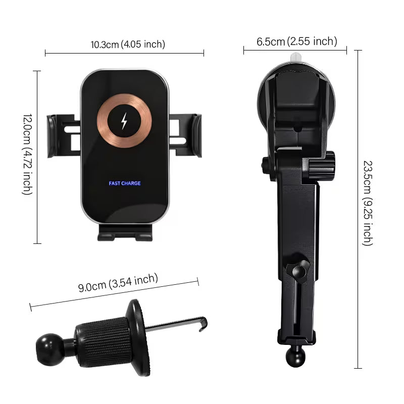 15W Car Wireless Charger Phone Holder, Non-Blocking Camera, Suction Cup & Air Vent Hook