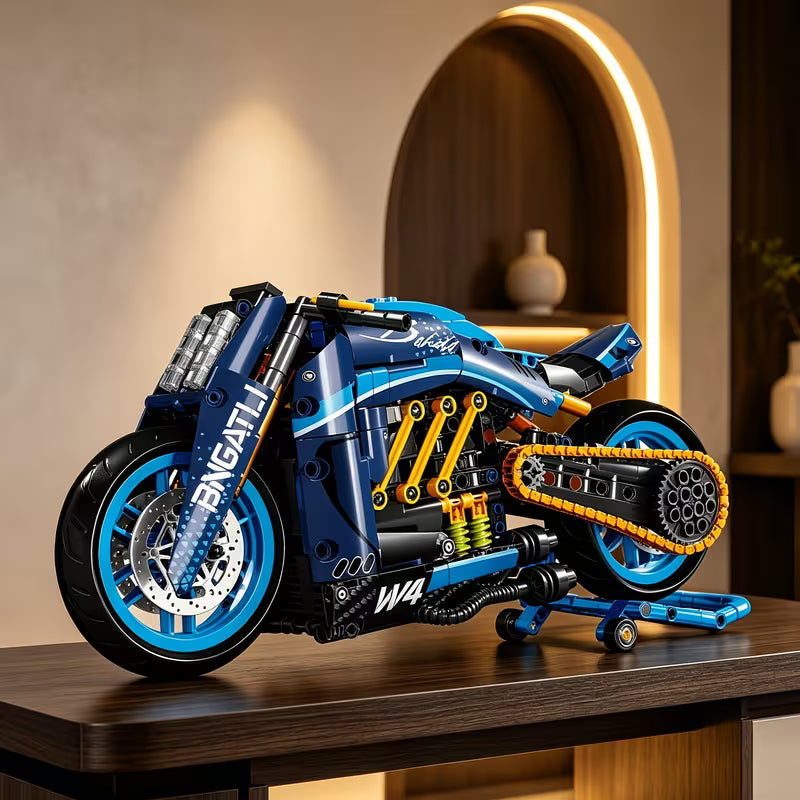 Mechanical-Style Blue Motorcycle Building Blocks, Collectible Assembly Model, Exquisite Gift