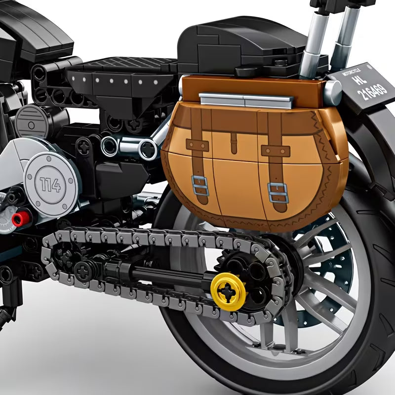 Retro Motorcycle Puzzle Blocks, Assembly Motorcycle Model Toy, Gray Black Color, Birthday Gift, with Display Base, Motorcycle Model