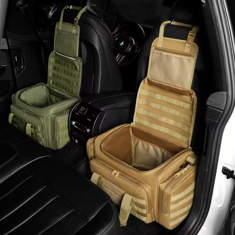 Heavy-Duty MOLLE-Compatible Car Seat Organizer with Multi-Pocket Storage Bag, Zipper Closure Suitable for Travel,