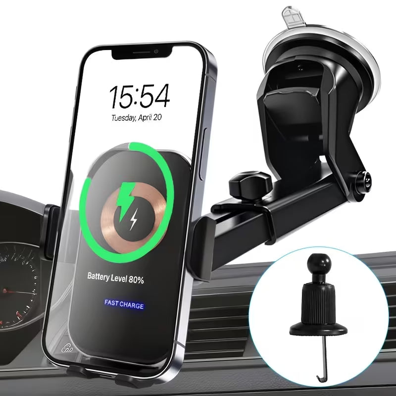 15W Car Wireless Charger Phone Holder, Non-Blocking Camera, Suction Cup & Air Vent Hook
