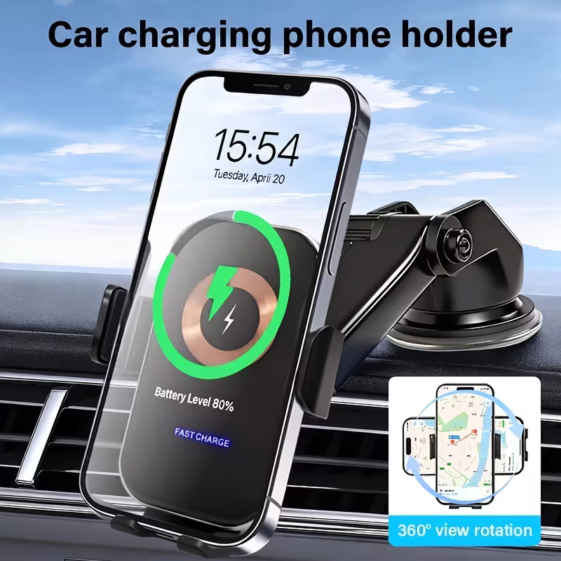 15W Car Wireless Charger Phone Holder, Non-Blocking Camera, Suction Cup & Air Vent Hook