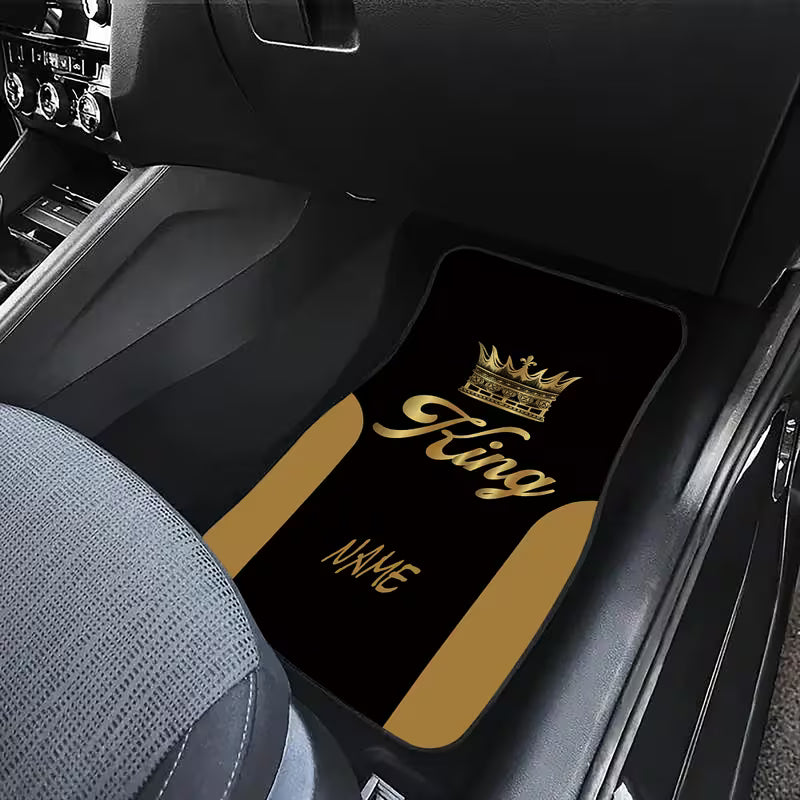 4pcs Customizable Name Car Floor Mats with Black and Golden King Crown Theme Design Print - The Perfect Gift for Men/Women - Easy-to-Clean Car Interior Accessory -