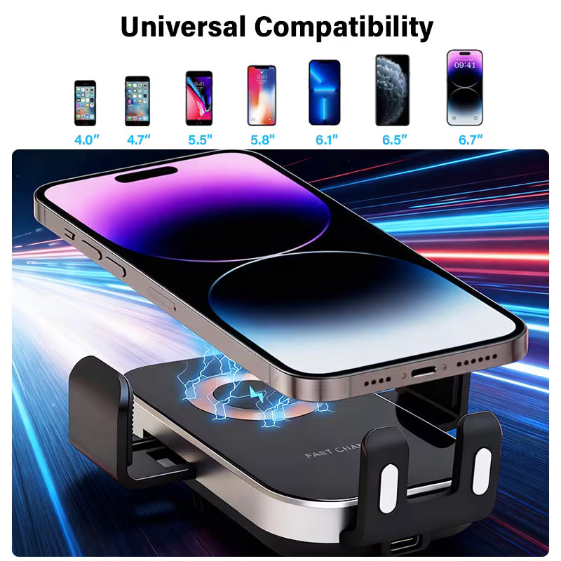 15W Car Wireless Charger Phone Holder, Non-Blocking Camera, Suction Cup & Air Vent Hook