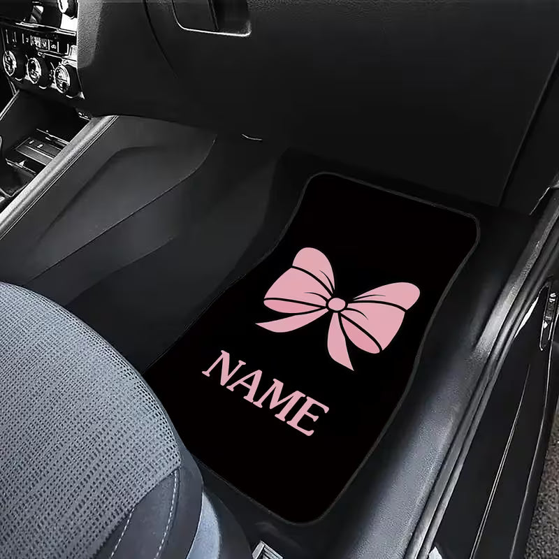4pcs Customizable Name Car Floor Mats with Pink Butterfly Knot Theme Design Print - Perfect Gift for Men/Women -