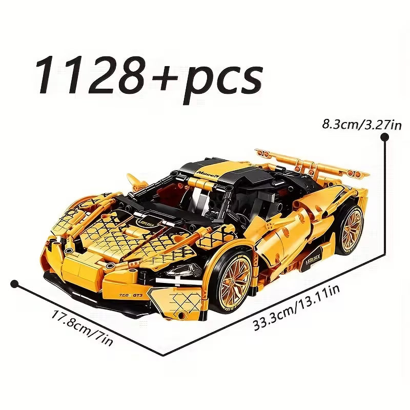 1128PCS Yellow Sports Car Building Blocks, ABS Display Model Surprise Gift for Christmas, Halloween, and Birthdays