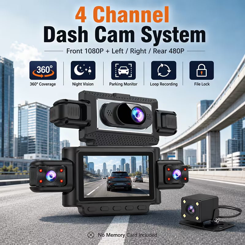 [1080P Night Vision] 4-Channel Car DVR Dash Cam, 1080P Front Recording With Rear