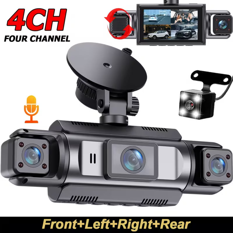 ZKCAMSPY 4-Channel Car Dash Cam, 1080P Front, 720P Left/480P Right/720P Rear, LED Display, 24/7 Parking Monitor