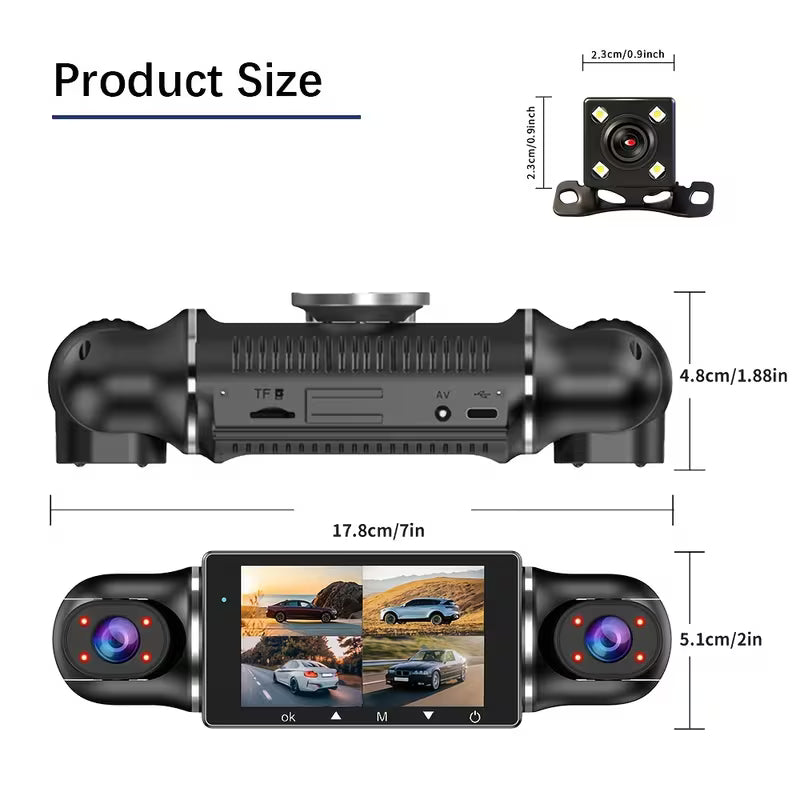 360° Panoramic Dash Cam 1080P, 4-Channel Front Rear Side Camera, WiFi