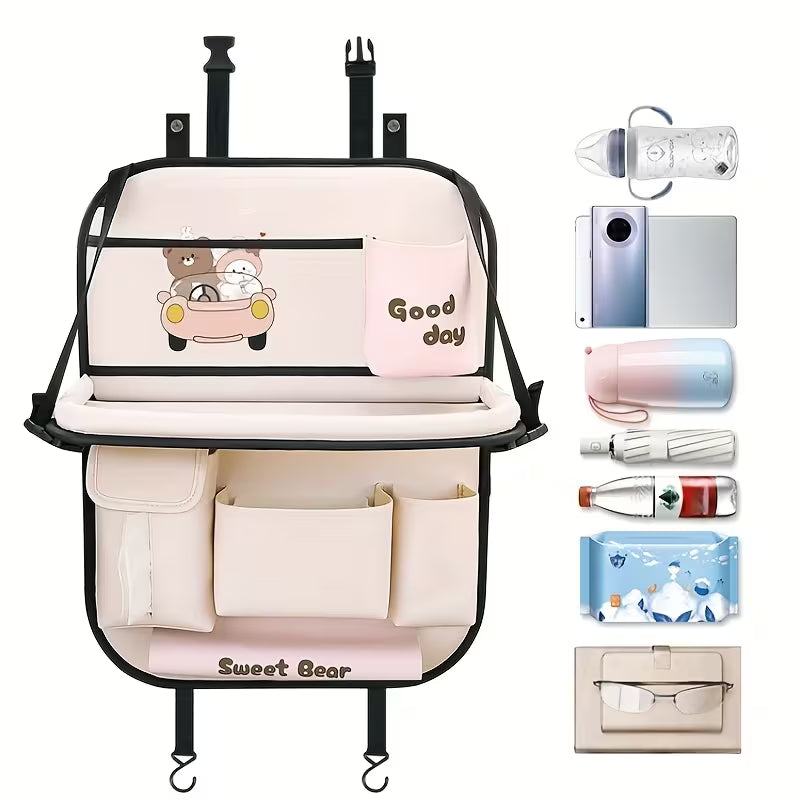 Multi-functional Seat Back Organizer and Storage Bag, Including a Foldable Table Tray, Kick Mat, Tissue Box, Trash Can, Umbrella Holder,