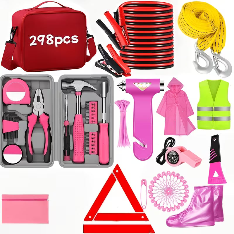 298pcs Roadside Car Repair Kits, Vehicle Repair Kits, Comprehensive Car Emergency Kits, Without Battery