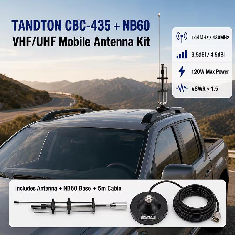 VHF UHF Car Radio Antenna Kit, CBC-435 15.7 Inch Mobile Antenna with NB60 Base, 5M Cable