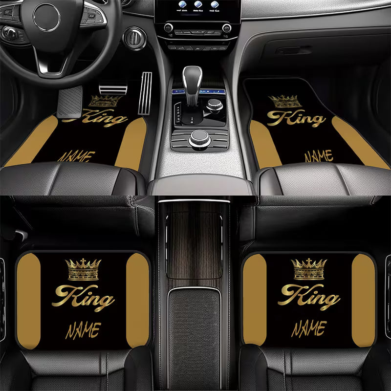 4pcs Customizable Name Car Floor Mats with Black and Golden King Crown Theme Design Print - The Perfect Gift for Men/Women - Easy-to-Clean Car Interior Accessory -