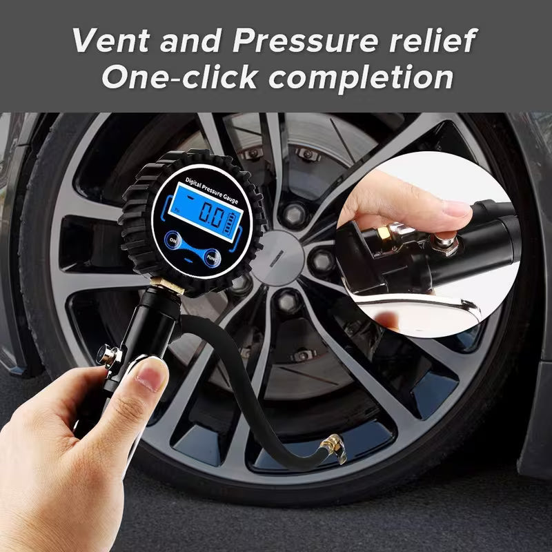 Digital Tire Inflator with Presta/Schader Valve Adapter - 0.1 PSI Precision Gauge for Cars, Trucks &amp; Motorcycles, Durable Metal Construction, Easy-Read Display