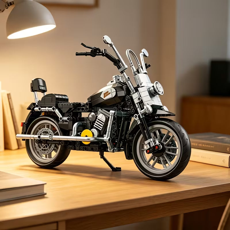 Retro Motorcycle Puzzle Blocks, Assembly Motorcycle Model Toy, Gray Black Color, Birthday Gift, with Display Base, Motorcycle Model