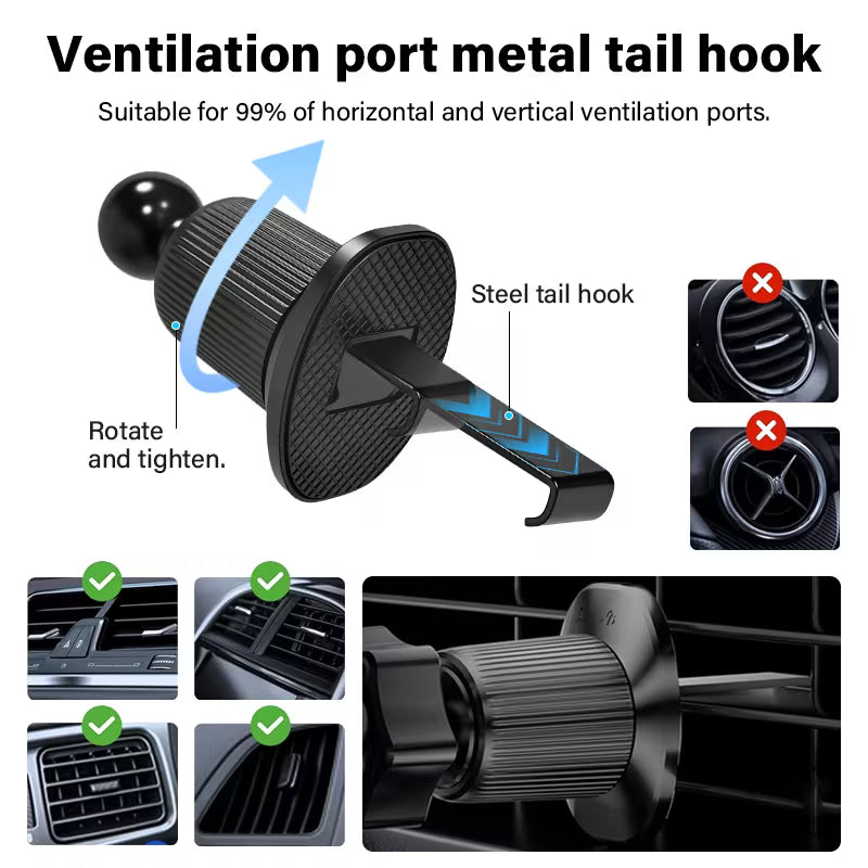 15W Car Wireless Charger Phone Holder, Non-Blocking Camera, Suction Cup & Air Vent Hook