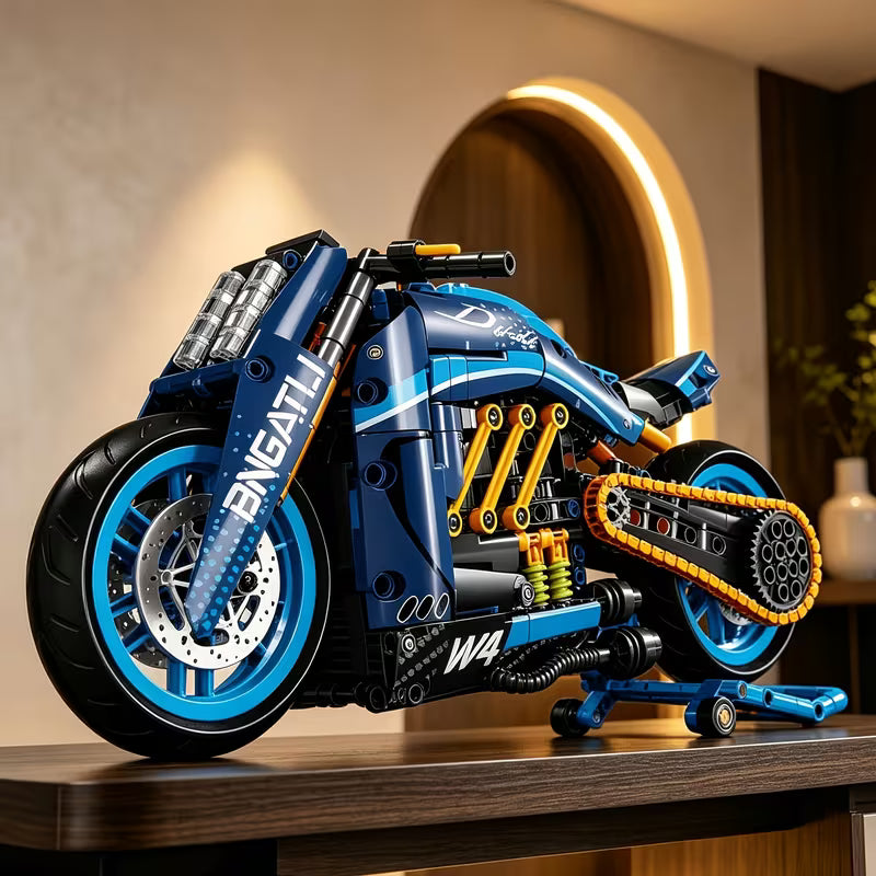 Mechanical-Style Blue Motorcycle Building Blocks, Collectible Assembly Model, Exquisite Gift