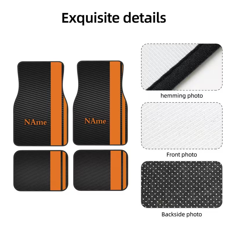4pcs Customizable Name Car Mats with Orange Striped Personalized Design