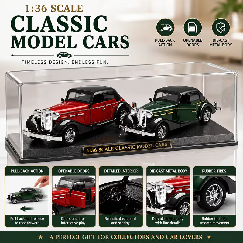 MQUDUO 2-Pack 1:36 Die-Cast Toy Cars, Red & Green Pull-Back Classic Car Models