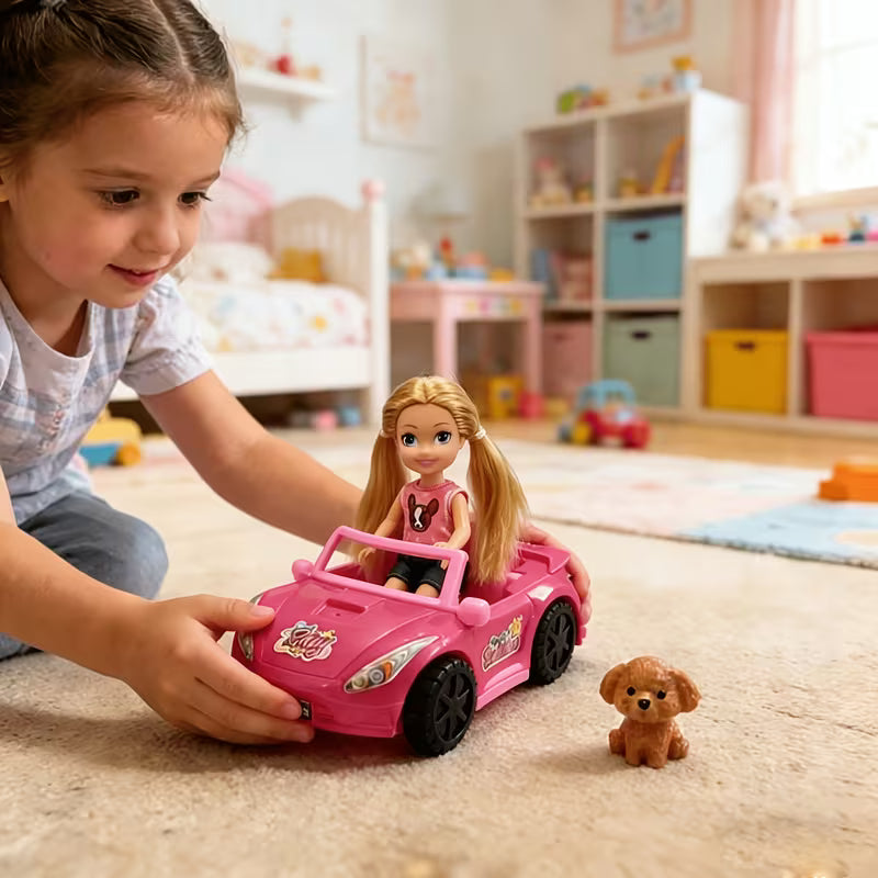 Kids Toy Car for Girls, Pink Convertible Sports Car with Pet Dog, Doll Pretend Play Set