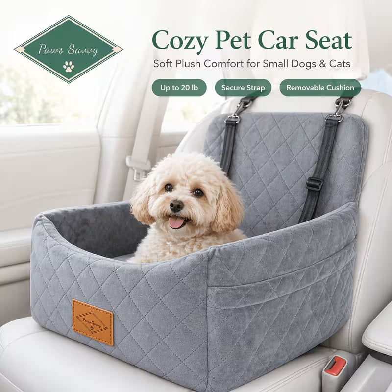 Paws Savvy Dog Car Booster Seat With Safety Strap, Cozy Travel Bed For Small & Medium Dogs