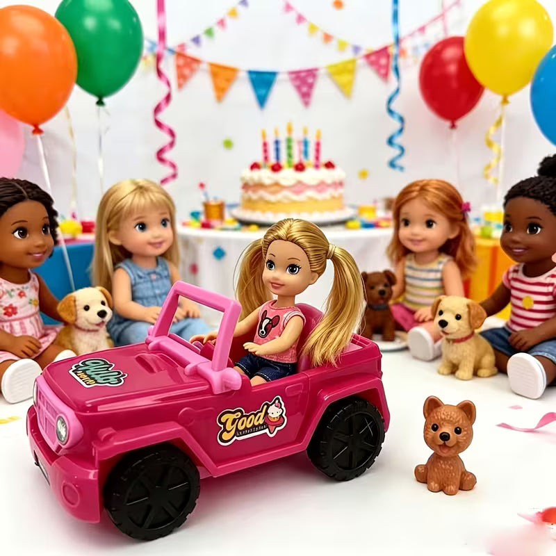 Kids Toy Car for Girls, Pink Convertible Sports Car with Pet Dog, Doll Pretend Play Set
