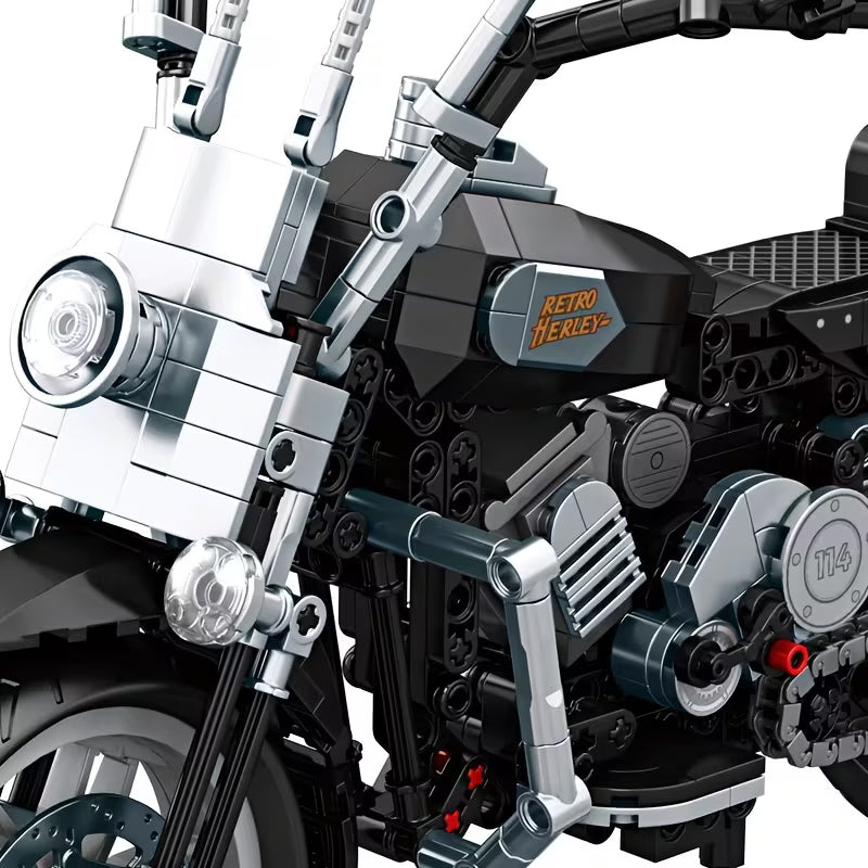 Retro Motorcycle Puzzle Blocks, Assembly Motorcycle Model Toy, Gray Black Color, Birthday Gift, with Display Base, Motorcycle Model