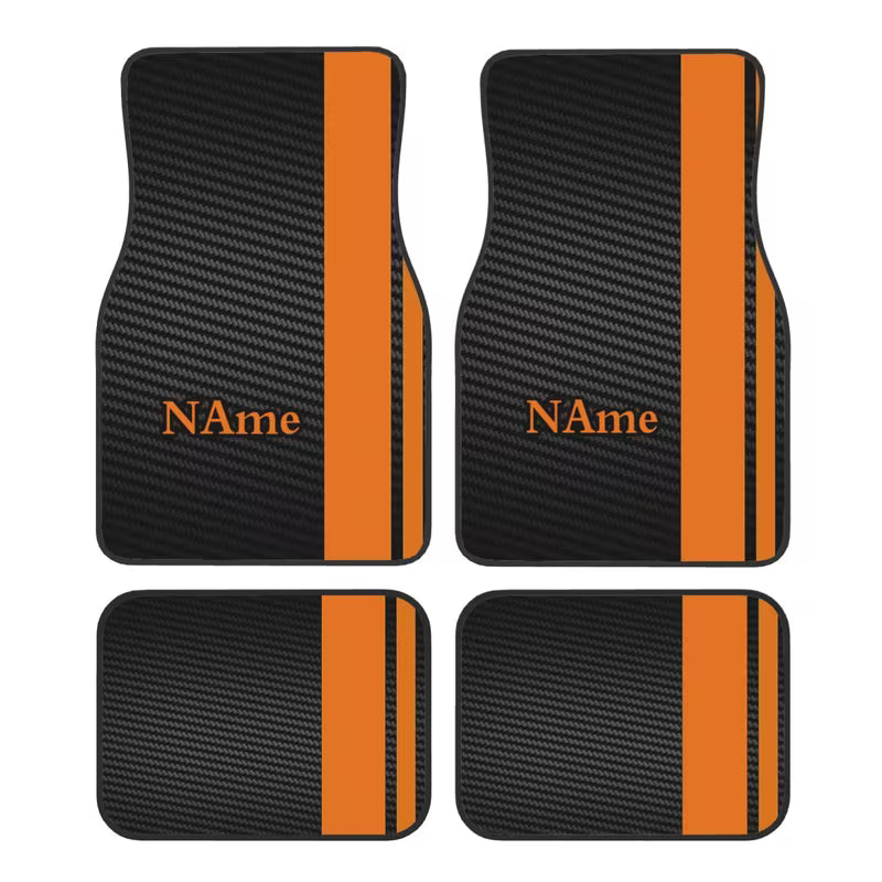 4pcs Customizable Name Car Mats with Orange Striped Personalized Design