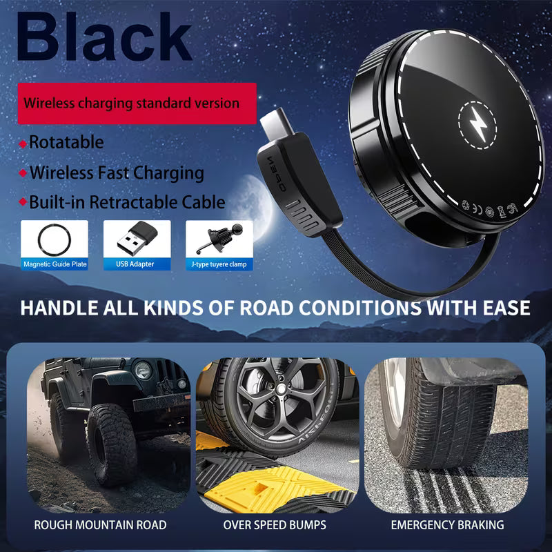 Magnetic Wireless Car Charger & Phone Mount with 27.56" Retractable Cable, 360° Rotatable