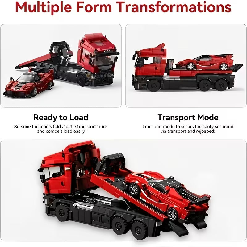 Red Supercar And Tow Truck Building Set, Creative Engineering Toy Model, Construction Block Kit for Collectors, 1728pcs