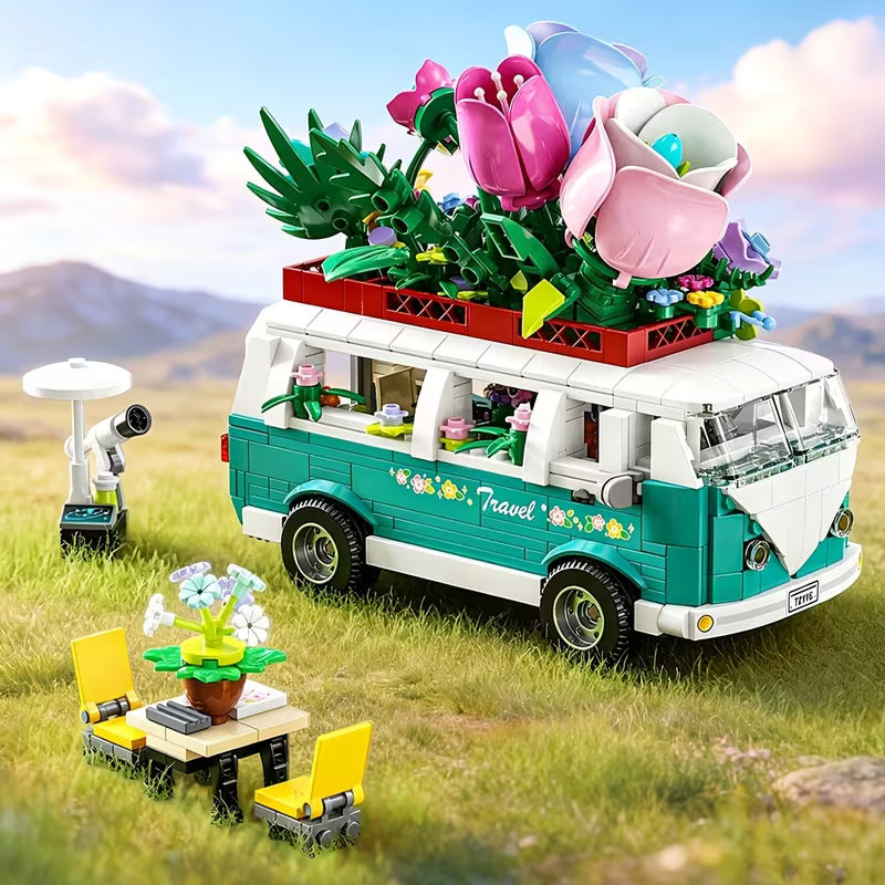 800+PCS Flower Tour Bus Building Blocks, DIY Model Set with Accessories New Year Christmas Birthday Gift And Up