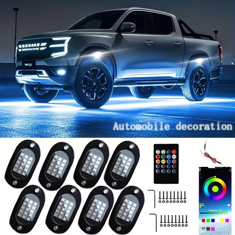 LED Rock Light - Multi-color External RGB Neon Light With 8 Bulbs And APP-controlled Music Mode. Suitable For Trucks, Cars, UTVs, ATVs,