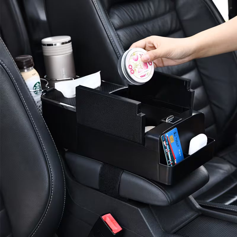 3pcs Car Storage Set: 1 Multifunctional Armrest Storage Box And 2pcs Car Hooks. The Organizer Features Storage Space, Cup Holder And Tissue Slot,