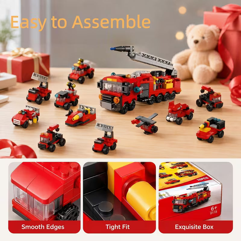 10pcs Red Fire Truck Building Blocks Set, Car Model Bricks Kit, Perfect Gift for Youngsters