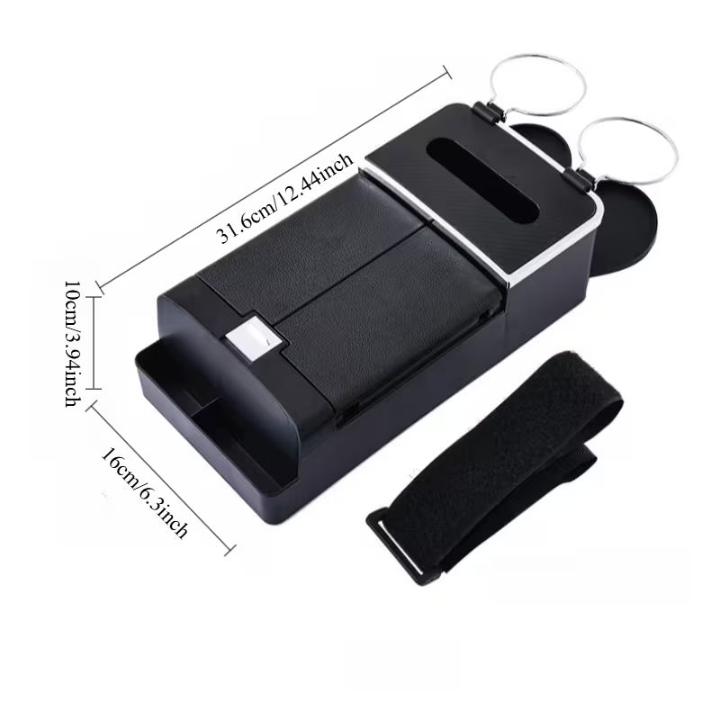 3pcs Car Storage Set: 1 Multifunctional Armrest Storage Box And 2pcs Car Hooks. The Organizer Features Storage Space, Cup Holder And Tissue Slot,