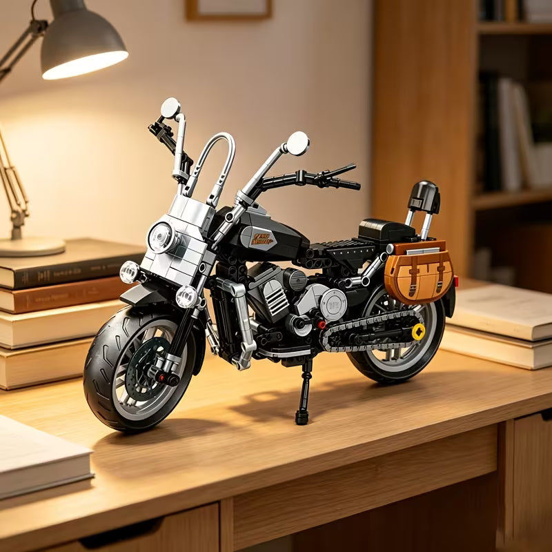 Retro Motorcycle Puzzle Blocks, Assembly Motorcycle Model Toy, Gray Black Color, Birthday Gift, with Display Base, Motorcycle Model