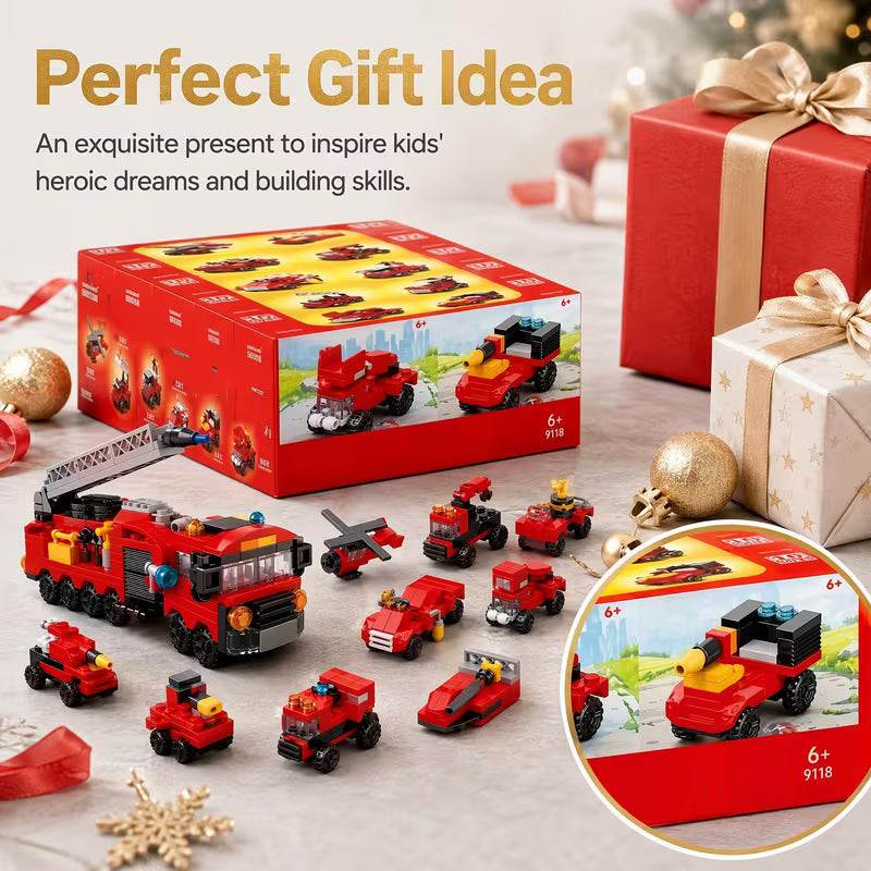 10pcs Red Fire Truck Building Blocks Set, Car Model Bricks Kit, Perfect Gift for Youngsters