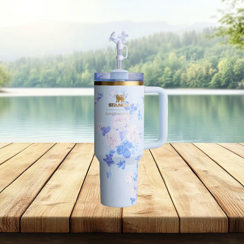 Insulated Stainless Steel Tumbler Cup – Floral Blue Design, 40 oz