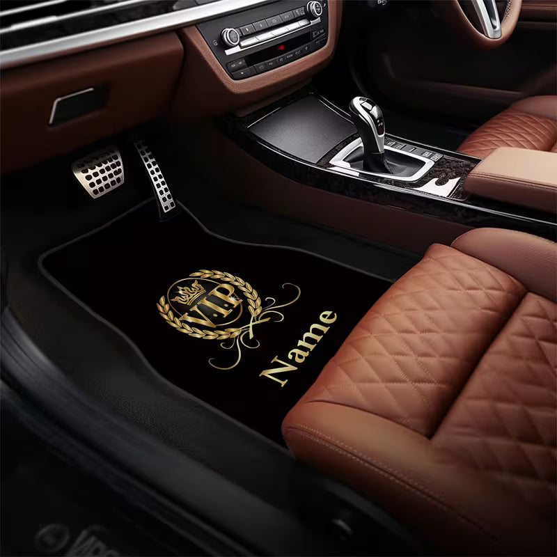4pcs Customizable Name & Number Car Floor Mats, Golden Crown & VIP Personalized Design