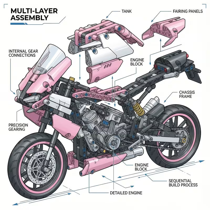 Pink Motorcycle Building Blocks, Sports Style Model Kit