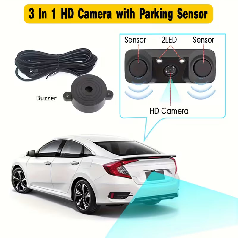 3-in-1 Backup Camera with Buzzer Alarm | Reverse Parking Camera with 2 LED Night Vision Lights | Easy-Install Vehicle Camera for Cars