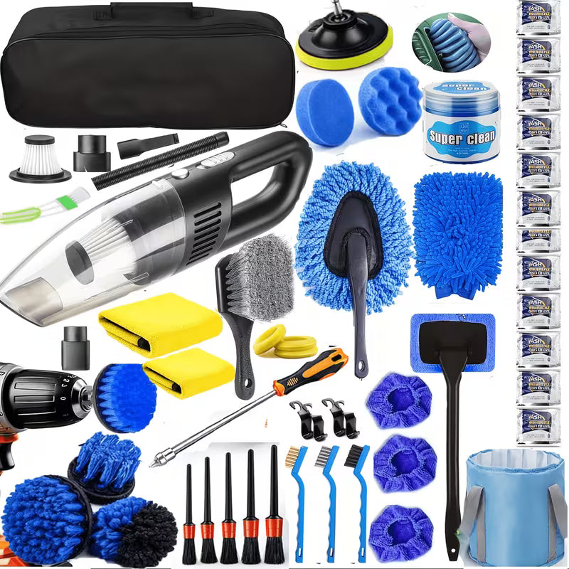 46pcs Car Cleaning & Washing Kit, Internal Detail Cleaning Kit with Handheld Vacuum, Foldable Bucket & Windshield Tool