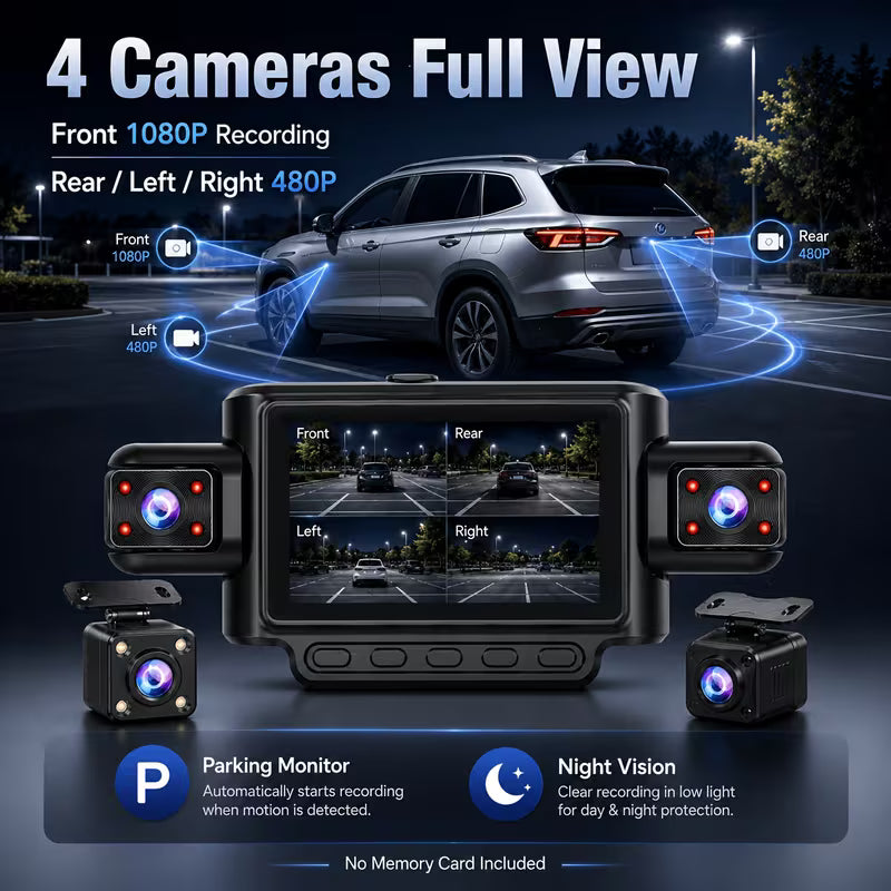 [1080P Night Vision] 4-Channel Car DVR Dash Cam, 1080P Front Recording With Rear