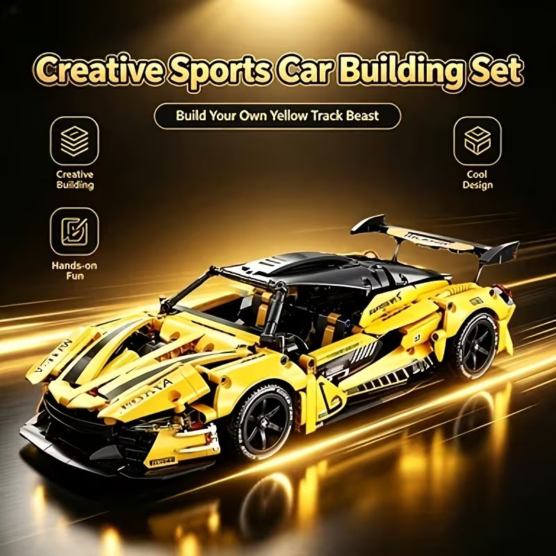 New 2026 ABS Plastic Building Blocks, Yellow Sports Car Interlocking Blocks, Desktop Bookshelf Ornament, Hands-On Assembly Toy, Holiday Gift