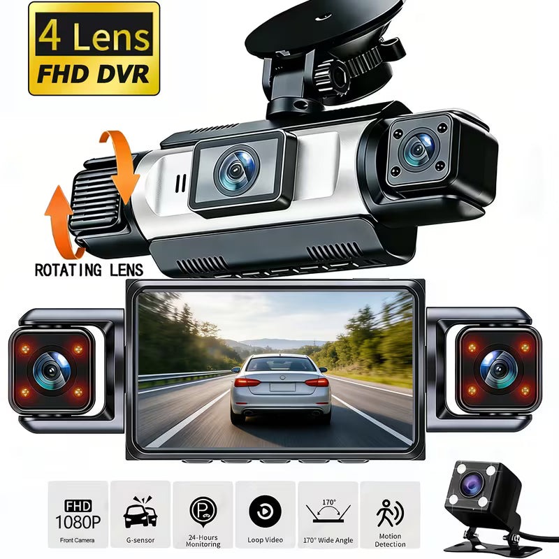 4-Channel Dash Cam, 1080P Front + 720P Other Channels, Night Vision, Loop Recording & G-Sensor