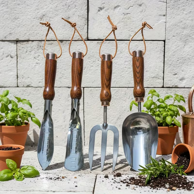 4pcs Heavy-Duty Stainless Steel Garden Tool Set, Ergonomic Ash Wood Handle, Digging, Planting & Transplanting